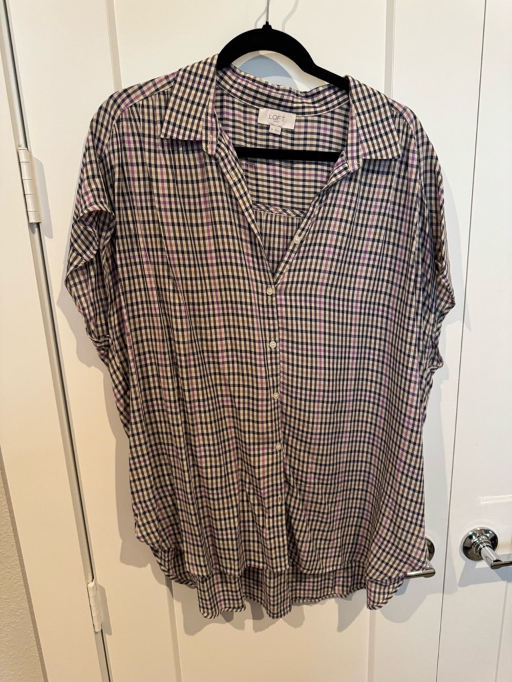 LOFT Purple and Navy Gingham Button-Front Shirt